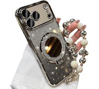 Sparkling Diamond Women's Phone Case with Mirror & Stand & Pearl Lanyard for iphone 17 Pro Max, Magnetic Kickstand Shockproof Fully Enclosed Phone Case for iPhone Series (17,Gray)
