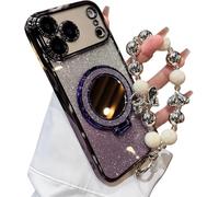 Sparkling Diamond Women's Phone Case with Mirror & Stand & Pearl Lanyard for iphone 17 Pro Max, Magnetic Kickstand Shockproof Fully Enclosed Phone Case for iPhone Series (15 Plus,Purple)