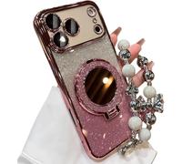 Sparkling Diamond Women's Phone Case with Mirror & Stand & Pearl Lanyard for iphone 17 Pro Max, Magnetic Kickstand Shockproof Fully Enclosed Phone Case for iPhone Series (15,Pink)