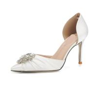 Sparkling Rhinestone Embellished Pumps Women Fashion Pointed Toe Thin Heel Designer Shoes Cozy Satin White Wedding Bridal(Color 3,37)