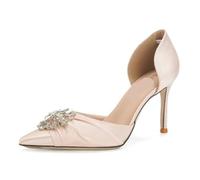 Sparkling Rhinestone Embellished Pumps Women Fashion Pointed Toe Thin Heel Designer Shoes Cozy Satin White Wedding Bridal(Color6,37)
