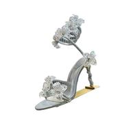 Sparkling Rhinestone Flower Thin High Heel Sandals Women's Gladiator Ankle Straps Fairy Sandalias Summer Banquet Dress Shoes(White,36)