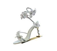 Sparkling Rhinestone Flower Thin High Heel Sandals Women's Gladiator Ankle Straps Fairy Sandalias Summer Banquet Dress Shoes(Red,38)