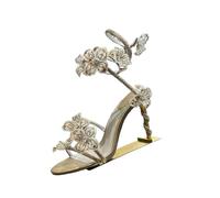 Sparkling Rhinestone Flower Thin High Heel Sandals Women's Gladiator Ankle Straps Fairy Sandalias Summer Banquet Dress Shoes(Black,37)