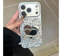 Sparkling Sequins Women's Phone Case with Heart Mirror & Stand for iPhone 17/16/15/14 Pro Max, Electroplated Shimmer Diamond Heart Makeup Mirror Phone Case (Silver,17)