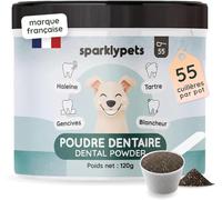 SparklyPets - Poudre Dentaire pour Chien - Nettoyant Anti-Tartre et Plaque, Blancheur Dentaire, Mauvaise Haleine, Gencives - Eucalyptus, Prébiotiques - Marque Française - 120g (55 Cuillères)