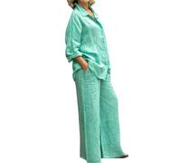 Spatofa Ensemble décontracté 2 pièces en lin pour femme - Pantalon en coton et lin avec chemise boutonnée - Tenue à manches longues, vert, XX-Large
