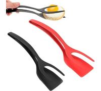 Spatule 2 en 1 avec poignée et rabattable, pince à œuf, pince à œufs, crêpes, toasts, omelettes de poisson, outil de fabrication d'omelette, outil de cuisine multi-usage anti-adhésif (noir + rouge)