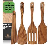 Spatule Cuisine Bois - Lot de 4 Ustensiles de Cuisine bois en Teck - Anti-Rayures, Antiadhésive et durable, Résistants à la chaleur, Pour Mélanger, Racler, Couper, Servir, Remuer