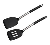 Spatule Cuisine Silicone, Set de 2 Spatules en Silicone avec Manche Inox, Spatule Coudée Résistante à la Chaleur pour Plancha, Friteuse, Noir