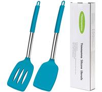 Spatule en silicone, résistante à la chaleur, spatule fendue solide pour la cuisine, lot de 2 grandes spatules en silicone noir sans BPA, passent au lave-vaisselle, bleu
