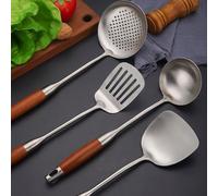 Spatule wok en acier inoxydable 304 avec manche en bois - Ustensile de cuisine pour sauter et cuire (B)