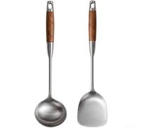 Spatule Wok robuste en acier inoxydable 316L - Ensemble d'ustensiles de cuisine professionnels avec poignée en bois pour sauter la friture anti-rayures 38 cm (lot de 2)