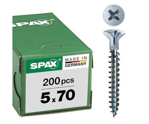 SPAX 0271010500705 Lot de 200 vis universelles avec trou de tête, 5 x 70 mm, cruciforme Z2, petite tête fraisée (Ø 5 mm), filetage complet, WIROX A3J, galvanisé nu, 0271010500705