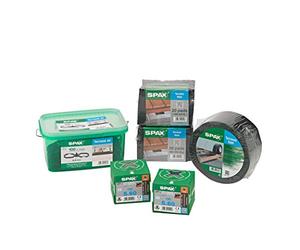 SPAX 5000009100049 Kit de construction de terrasse en acier inoxydable A2, kit d'extension pour lames de terrasse, entretoises, bandes et tampons - Taille jusqu'à env. 6 m²