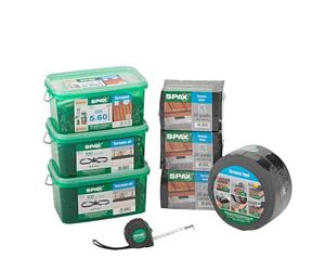 SPAX Équipement de base pour la construction de terrasse, kit de montage - Taille env. 10 m², vis de terrasse en acier inoxydable A2, entretoise, embouts, tapes, tampons et mètre ruban - 500009100039