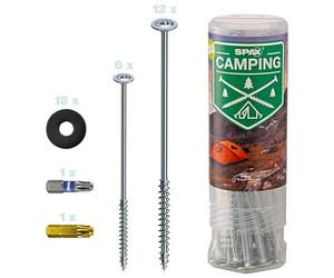 SPAX Vis de Tente WIROX, 18 pcs. Piquets de Camping T30/T40 à Tête Plate | Kit de piquets pour sols durs, auvents et trampolines, incluant 12 vis 8x220 mm, 6 vis 6x160 mm, embouts et rondelles.