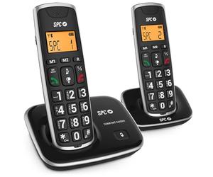 SPC Duo Comfort Kaiser - Téléphone Noir sans Fil avec Grandes Touches et Grands Chiffres, Compatible avec Les appareils auditifs, possédant Un répertoire de 20 Noms et numéros et Mains Libres, 7609N