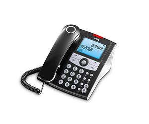 SPC Elegance ID - Téléphone Fixe de Bureau avec écran éclairé, 2 mémoires directes, répertoire téléphonique, identifiant de l'appelant, Mains Libres et Signal Lumineux d'appel manqué - Noir