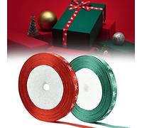 SPEACOUR 2 Rouleaux Ruban de Noël en Satin Rubans en Gros-Grain Rouge et Vert 25 Mètres Rubans sur Le Thème de Noël Ruban Cadeau Noël avec Flocon de Neige pour Emballage Cadeau de Noël, Noeud, DIY