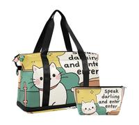 Speak Darling and Enter Sac de voyage avec sangle réglable pour voyages d'affaires Motif chat blanc, parler chéri et entrer dessin animé mignon drôle chat blanc, 1 size