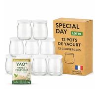 SPECIAL-DAY 12 Pots de Yaourt en Verre 125g avec 12 Couvercles Hermétiques Sans BPA - Échantillon YAO+ Offert - Compatible Yaourtière Thermomix Cookeo - Fabriqué en France
