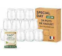 SPECIAL-DAY 24 Pots de Yaourt en Verre 125g avec 24 Couvercles Hermétiques-Echantillon YAO+ offert - Verrines Compatibles Yaourtière - Réutilisables, Conservation Longue Durée