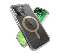 Speck AP-1028 Coque - Conçu pour MagSafe, protection contre les chutes - Résistant aux rayures, anti-jaunissement, étui de téléphone 6,1 pouces - Presidio Lux transparent/paillettes dorées/pull beige