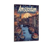 SPECLLY Moonlit Amsterdam - Affiche encadrée en papier mat de qualité musée vintage et esthétique sur toile, peinture murale pour salon, 60 x 90 cm, style cadre
