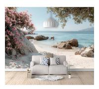 SPECUFX 3D Effect Photo Self-adhesive Wallpaper Beach, stones, flowers, trees, sea landscape 100x70cm Panoramic Wall Tapestry Mural Large Bedroom Eco-Friendly Decoration