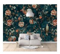 SPECUFX 3D Effect Wall Sticker Poster Vintage pink flowers and birds dark blue 100x70cm Landscape Pictures Wallpapers Art Decals for Bedroom Living Room Home Decoration