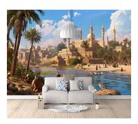 SPECUFX 3D Photo Mural Self-adhesive Wallpaper Vintage castle palm tree landscape 100x70cm Wall Poster Tv Background Decorative Decal Art for Room Living Bedroom Restaurant