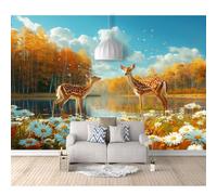 SPECUFX Custom Size Self-adhesive Wallpaper 3D Photo Landscape, poplar trees, deer nature 100x70cm Livingroom Tv Background for Wall Office Bedroom Dining Room Photos
