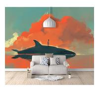SPECUFX Hd Print Mural Self-adhesive Wallpaper Fantasy watercolor whale red clouds 100x70cm Large Size Photo Wall Decor Picture 3D Living Room The for Bedroom border