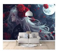 SPECUFX Landscape Wall Mural Cartoon girl with red flowers on the moon 100x70cm Self-adhesive Wallpaper Photo Art Living Room Bedroom Office Murals