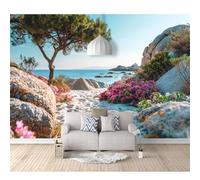 SPECUFX Photo Self-adhesive Wallpaper 3D Effect Beach, stones, flowers, trees, sea landscape 100x70cm Custom Living Room Bedroom Tv Background Wall Mural