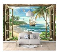 SPECUFX Self-adhesive Wallpaper Decoration for Living Room Office Sailboat with scenery outside the beach window 100x70cm Custom 3D Photo Bedroom Wall Painting Mural