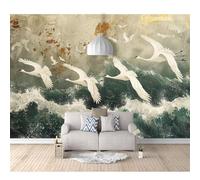 SPECUFX Self-adhesive Wallpaper Photo Premium Art Print Japanese-style retro wave cranes 100x70cm Wall Mural Decoration Poster Picture Design