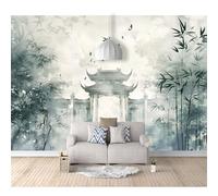 SPECUFX Tv Background Wall Paper Vintage watercolor bamboo building cyan 100x70cm Self-adhesive Wallpaper Living Room Bedroom 3D Decorative Mural Film Covering Wallpapers Paste