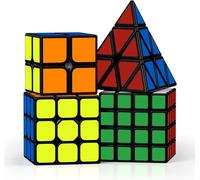 Speed Cube Set,Cube de Vitesse 2X2 3X3 4X4 Pyramide Cube Magique pour Enfants,IQ Games Toys Jouets éducatifs [4 Pack] (Autocollants)