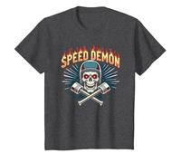 Speed Demon Hot Rod Crâne pour Les Amateurs de Course pour Homme T-Shirt, Enfant, Chiné Foncé, 10 Ans