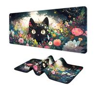 Speed Tapis de souris de jeu XXL, 800 x 300 mm, motif chat mignon avec bords cousus et base en caoutchouc antidérapant, imperméable, pour joueur, bureau et maison (chat avec fleurs)