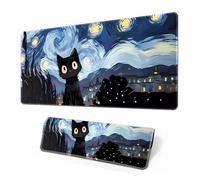 Speed Tapis de souris de jeu XXL, 800 x 300 mm, motif chat mignon avec bords cousus et base en caoutchouc antidérapant, imperméable, pour joueur, bureau et maison (nuit étoilée, chat noir)