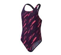 Speedo Maillot de Bain Une Pièce Hyperboom Allover Medalist, Résistant au Chlore, Séchage Rapide Maillot de Bain pour Fille, Bleu Marine Intense/Fuchsia/Rose Flamenco, 11-12 Années