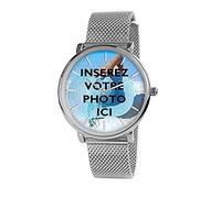 Speedwatch. Montre Personnalisable avec Une Photo téléchargeable. Montre Mixte, chromée. Bracelet milanais métallique à Maille Souple. Message Personnel gravé au Dos de la Montre.