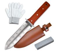 SPEEDWOX Hori Hori Couteau de Jardin avec Lame tranchante Outils de Jardinage avec étui en Cuir Poignée Ergonomique avec Trou de Suspension Pierre à aiguiser et Gants Inclus pour désherber, Planter