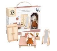 Speedy Monkey Ensemble de chambre à coucher en bois | Accessoires pour | Détails de literie en lin, lit, table de chevet et lampe inclus, meubles colorés pour maison de poupée