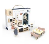 Speedy Monkey Ensemble de cuisine pour maison de poupée avec lapin - Ensemble de meubles de cuisine miniatures en bois FSC - Table à manger, 4 chaises, réfrigérateur et accessoires - Jouet décoratif