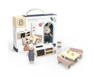 Speedy Monkey Ensemble de cuisine pour maison de poupée avec lapin - Ensemble de meubles de cuisine miniatures en bois FSC - Table à manger, 4 chaises, réfrigérateur et accessoires - Jouet décoratif