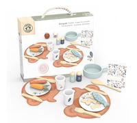 Speedy Monkey Ensemble de salle à manger en bois pour deux - Kit de repas de 19 pièces avec pâtes, poisson, saucisses, légumes et plus encore - Pour enfants de 2 ans et plus | Encourage l'imagination,
